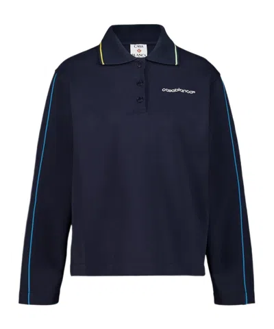 Casablanca Navy Punto Collared Cotton Polo Sweatshirt In Blue
