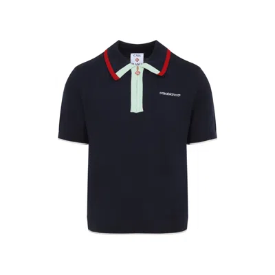 Casablanca Short Sleeve Wool Polo Contrasting Collar In Blue