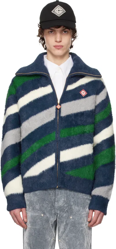 Casablanca Navy Striped Fluffy Zip Up Jacket