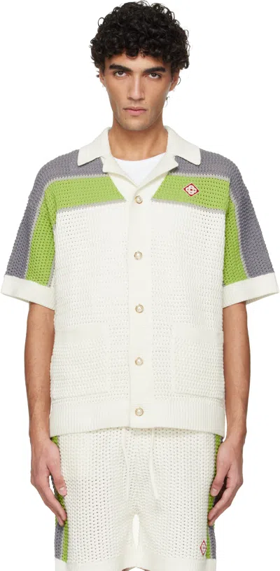 Casablanca Off-white Stripe Crochet Short Sleeve Shirt In Black