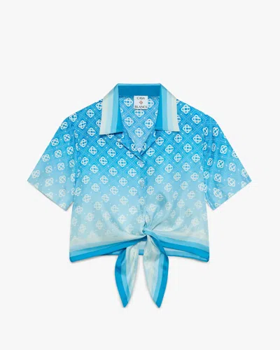 Casablanca Paris Blue Gradient Monogram Knotted Cropped Silk Shirt