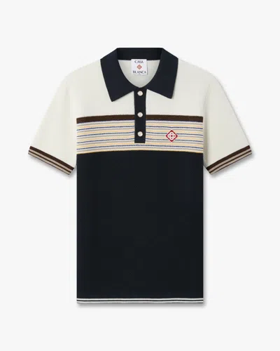 Casablanca Paris Café Culture Wool Stripe Short Sleeve Polo Shirt In Black