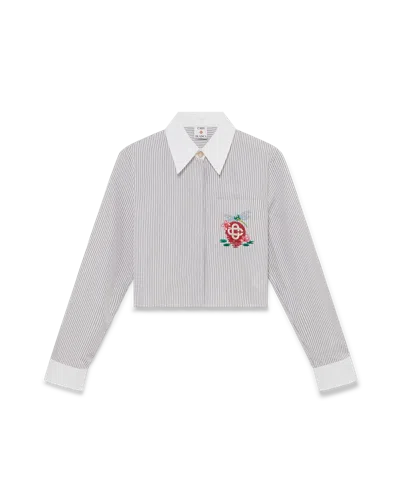 Casablanca Paris Cotton Pinstripe Embroidered Cropped Shirt In White In Gray
