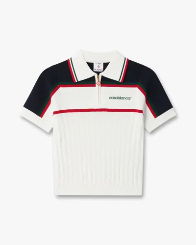 Casablanca Paris Cream & Navy Knit Tennis Short Sleeve Polo Shirt In White