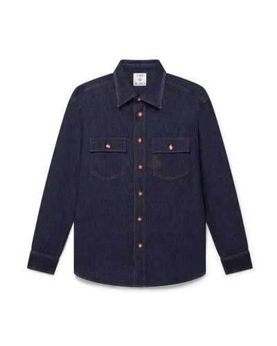 Casablanca Paris Denim Short-sleeve Shirt With Logo Embroidery In Blue