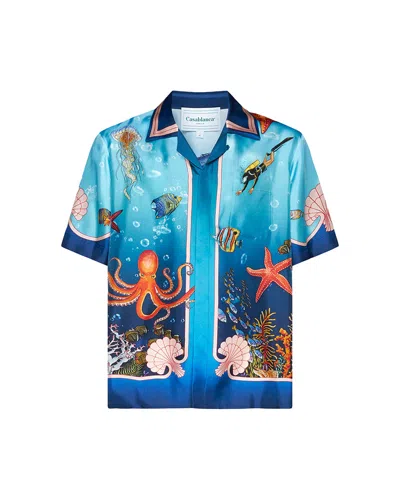 Casablanca Paris Fond Marin Short-sleeve Silk Shirt In Blue