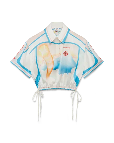 Casablanca Paris Fuji Dream Short-sleeve Silk Cropped Shirt In White