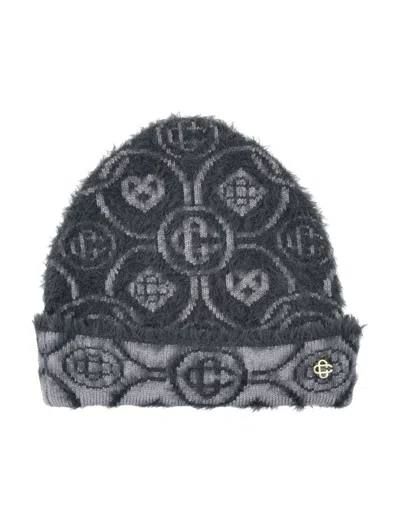 Casablanca Paris Grey Fluffy Monogram Beanie Hat In Gray