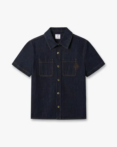 Casablanca Paris Indigo Raw Denim Short Sleeve Shirt In Blue