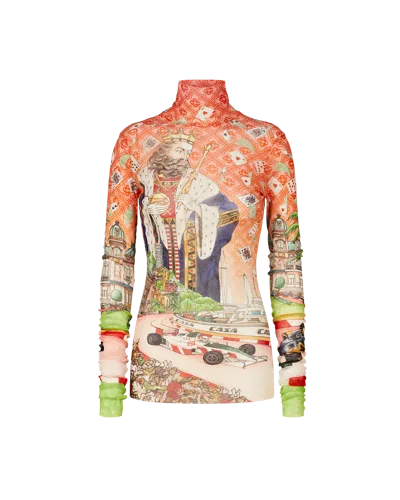 Casablanca Paris King Of Cards Printed Mesh Top In Orange