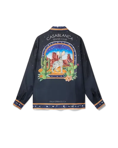 Casablanca Paris L'arche Du Desert Nuit Cuban Collar Long-sleeve Silk Shirt In Gold