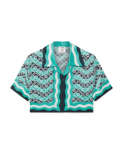 Casablanca Paris Monogram Wave Cropped Short-sleeve Silk Shirt In Multi