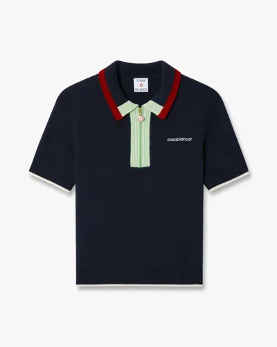Casablanca Paris Navy Merino Short Sleeve Polo Shirt In Blue