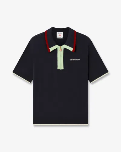 Casablanca Paris Navy Merino Short Sleeve Polo Shirt In Blue