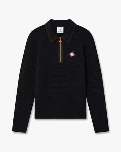 Casablanca Paris Navy Wool Waffle Stitch Long Sleeve Polo Shirt In Brown In Black
