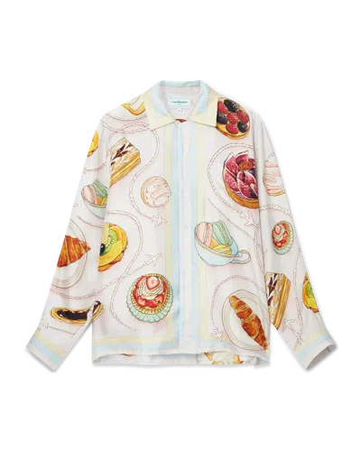 Casablanca Paris Patisseries En Vol Cuban Collar Long-sleeve Silk Shirt In Multi