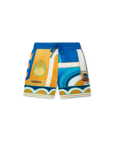 Casablanca Paris Paysage Silk Shorts In Yellow In Blue
