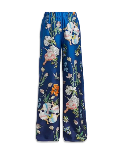 Casablanca Paris Ping Pong Fleurie Nuit Silk Trousers In Blue