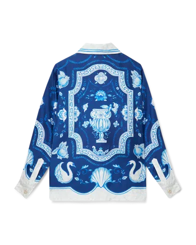 Casablanca Paris Plat A Dessert Bleu Cuban Collar Silk Shirt In Blue