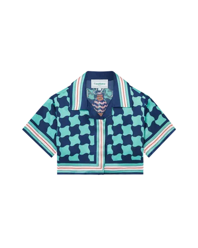 Casablanca Paris Pool Tile Cropped Silk Shirt In Blue