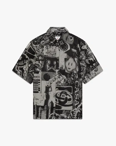 Casablanca Paris Rave Collage Short Sleeve Denim Shirt In Black