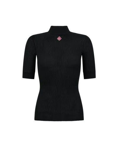 Casablanca Paris Rib High Neck Top In Black
