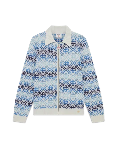 Casablanca Paris Space Dye Monogram Long Sleeve Merino Cardigan In Blue