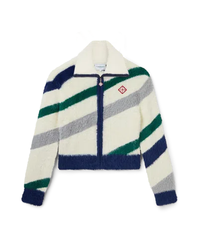Casablanca Paris Striped Fluffy Zip Up Jumper In White