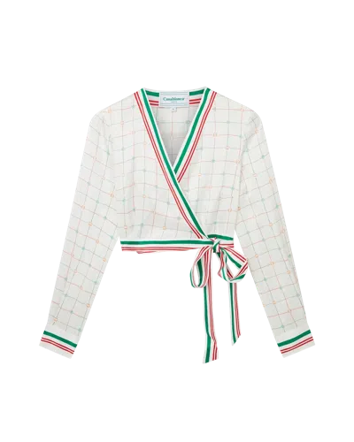 Casablanca Paris Tennis Club Check Wrap Long-sleeve Blouse In White