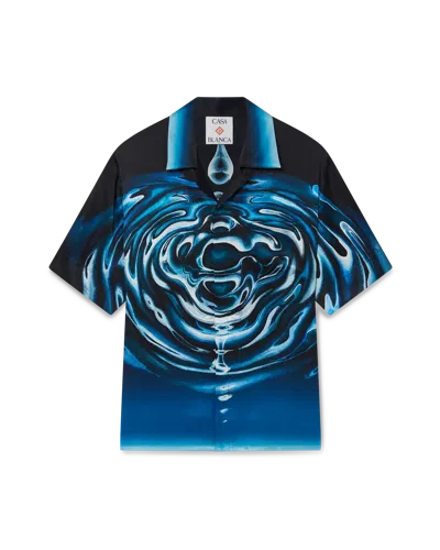 Casablanca Paris Warped Logo Repeat Silk Short Sleeve Shirt In Blue