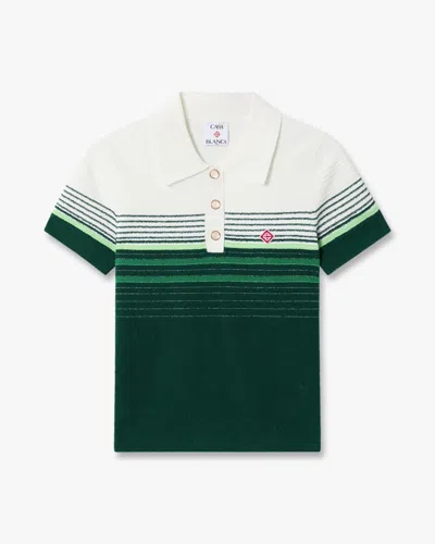 Casablanca Paris White & Green Boucle Stripe Short Sleeve Polo Shirt