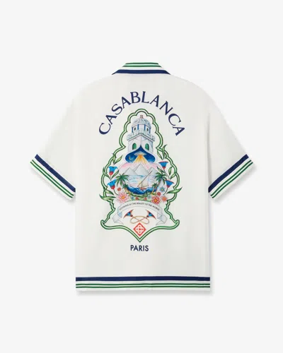 Casablanca Paris White Hotel Emblem Short Sleeve Silk Shirt In Blue In Multi