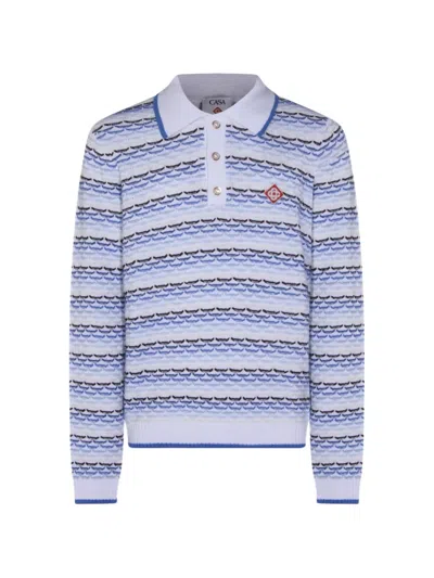 Casablanca Men Blue Polo Shirt With Logo Embroidery On The Front And All-over Striped Motif In Cotto In White