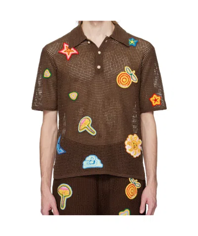 Casablanca Patterned Crochet Polo Shirt In Brown