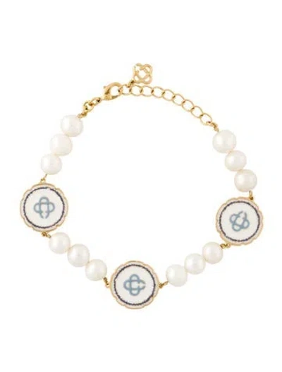 Pre-owned Casablanca Pearl & Enamel Dish Station Bracelet, 9" In Multi