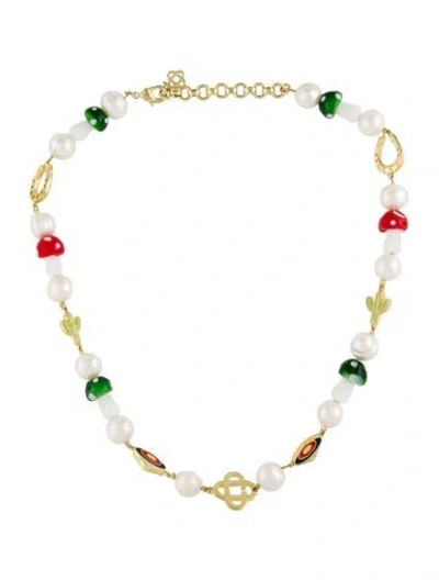 Pre-owned Casablanca Pearl, Enamel & Glass Western Short Necklace, 21" In Green/red/white