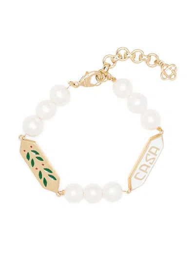 Casablanca Laurel Imitation Pearl Chain Bracelet In Gold/green