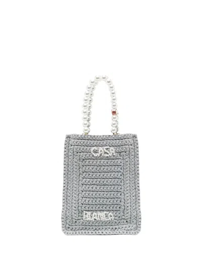 Casablanca Crochet Chain Shoulder Bag With Pearl Handle In Grey