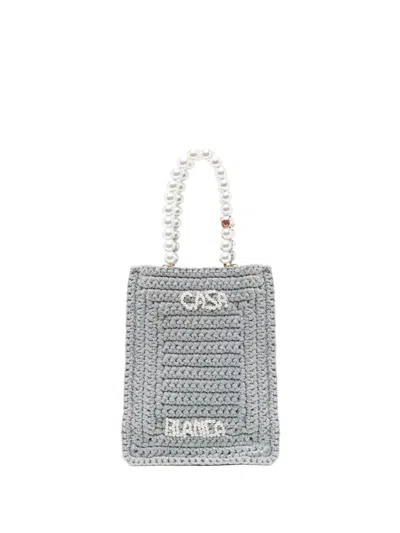Casablanca Crochet Chain Shoulder Bag With Pearl Handle In Grey