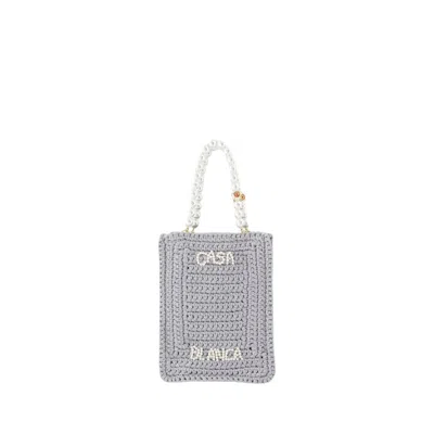 Casablanca Crochet Chain Shoulder Bag With Pearl Handle In Grey