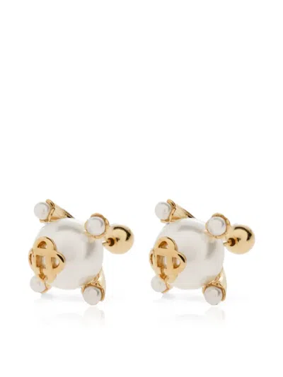 Casablanca Pearl-embellished Logo-plaque Earrings In Gold