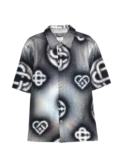 Casablanca Pearlescent Monogram Short Sleeve Denim Shirt In Gray