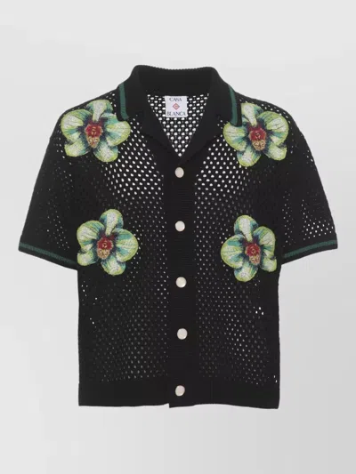 Casablanca Perforated Cotton Shirt Glitch Orchid Embroidery In Black