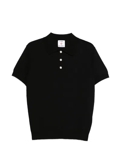 Casablanca Pointelle Monogram Short Sleeve Polo Shirt In Black