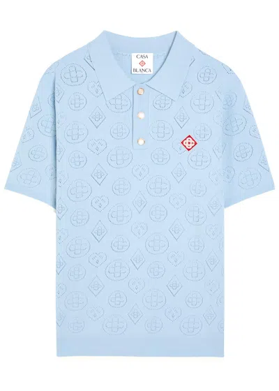 Casablanca Openwork Jacquard Knit Polo Shirt In Blue