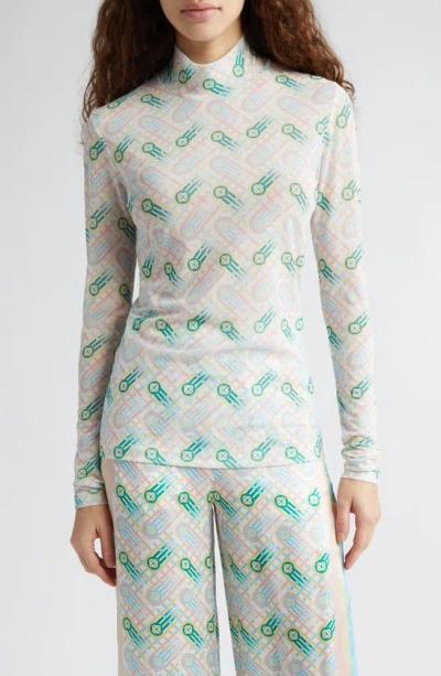 CASABLANCA PRINT LONG SLEEVE MESH TOP