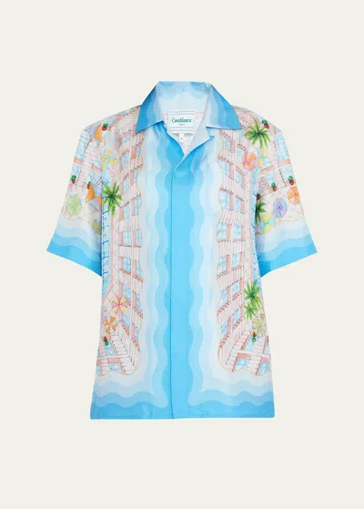 Casablanca Printed Button-front Shirt With Cuban Collar In Blue