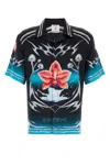 Casablanca Blades Orchid-print Cuban-collar Shirt In Black
