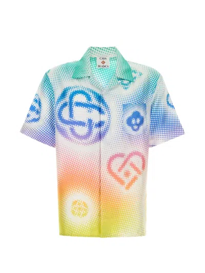 Casablanca Multicolor Halftone Logo Short Sleeve Silk Shirt In White