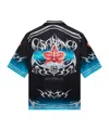 Casablanca Blades Orchid-print Cuban-collar Shirt In Black